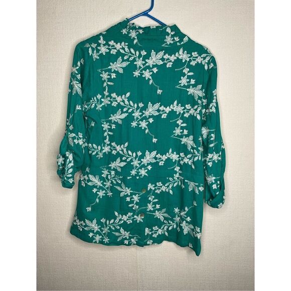 SOFT SURROUNDINGS Green‎ Embroidered Roll Tab Sleeve Tunic Linen  Blouse Sz PS - Picture 10 of 11